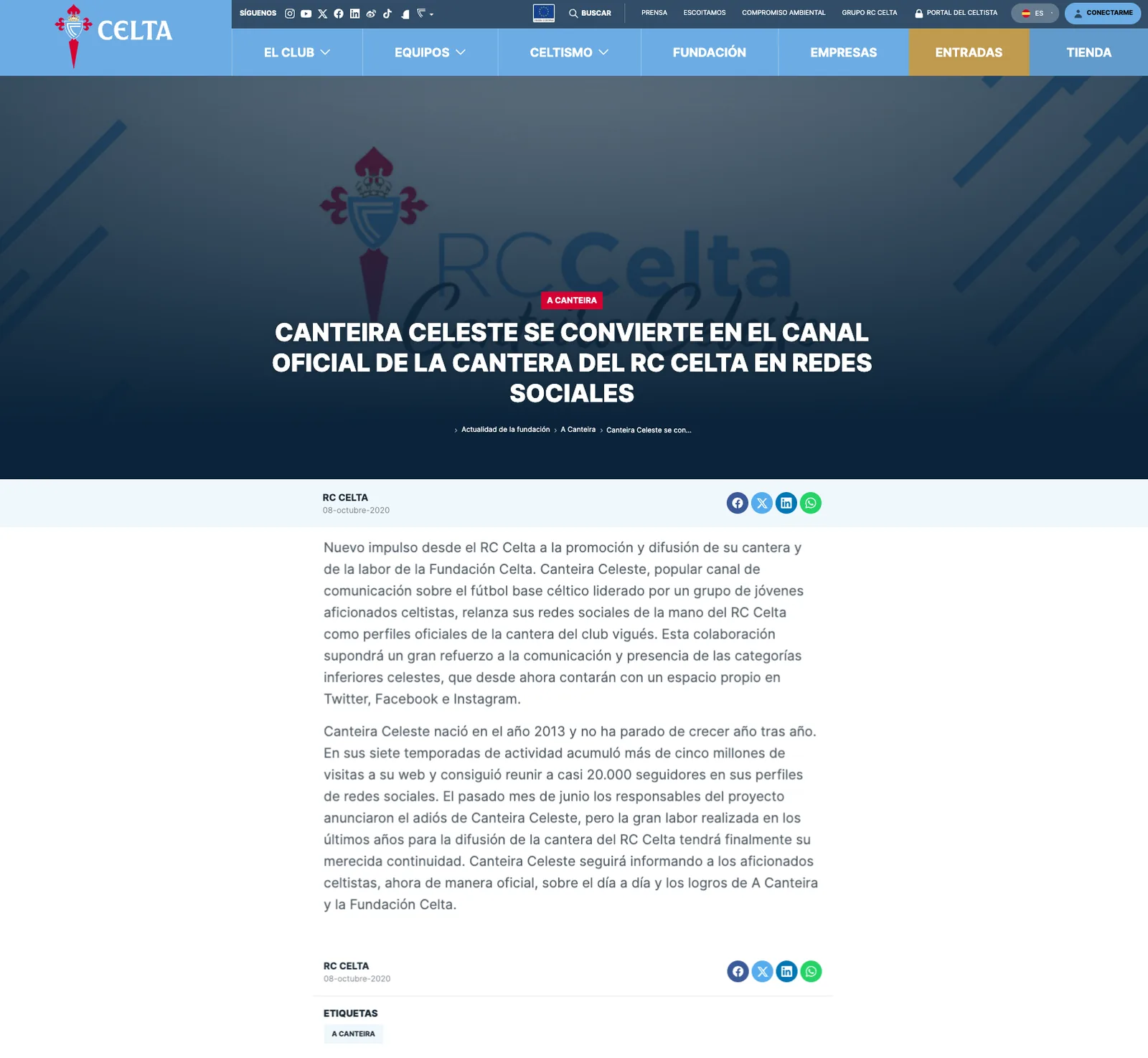 Captura del comunicado oficial del RC Celta sobre la integración de CanteiraCeleste
